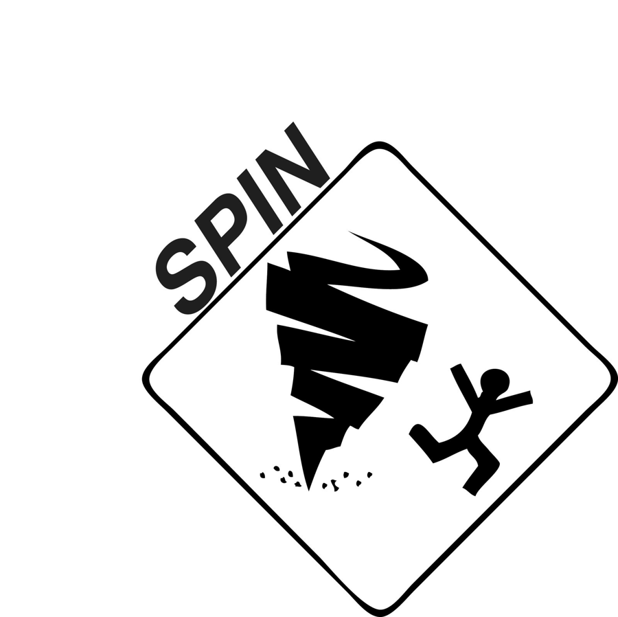 SPIN: a yellow warning sign with a tornado and a tumbling figure